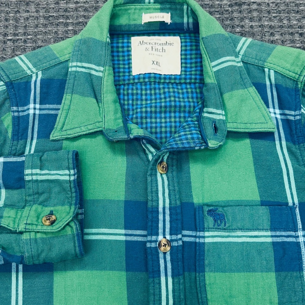 Abercrombie Fitch Musle Fit Lined Flannel Mens XXL Green Blue Plaid Shirt Jacket - Picture 2 of 8